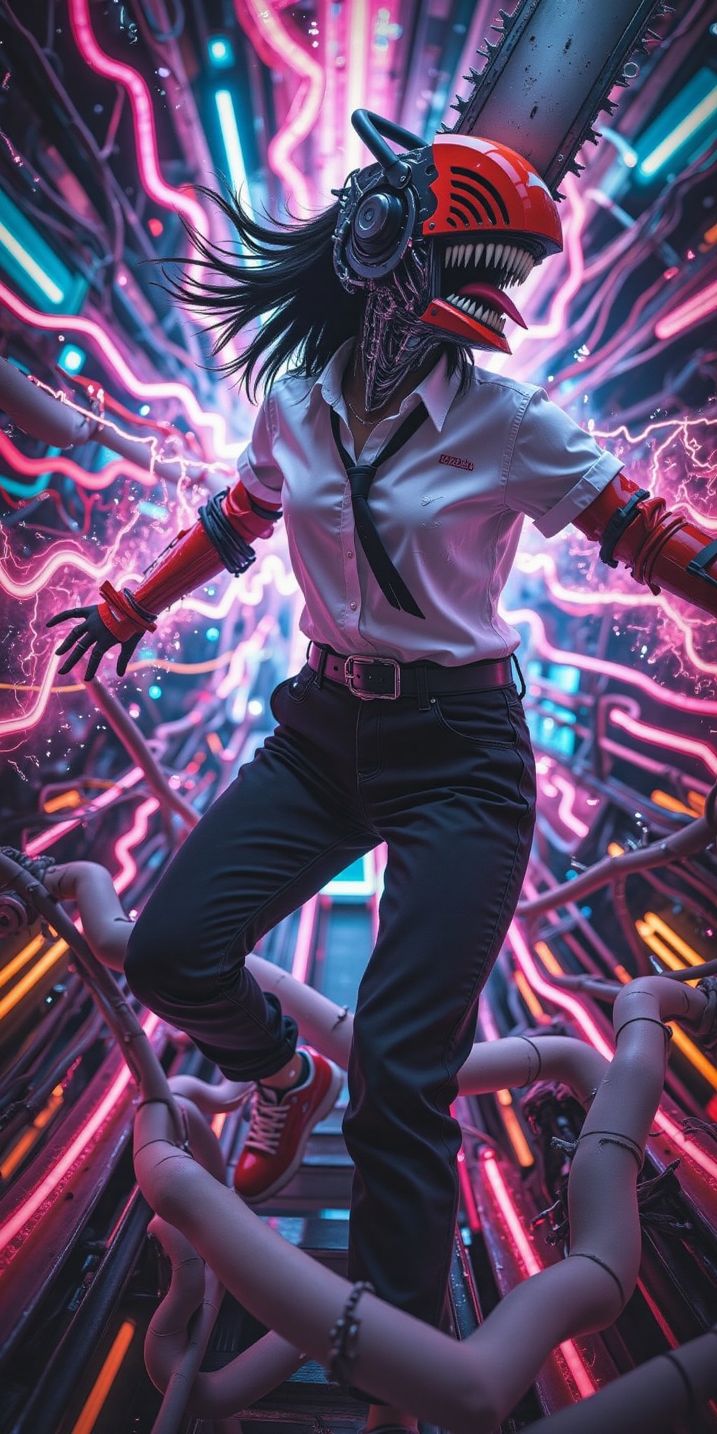 A female version of Chainsaw Man,  "Chainsaw Woman,  " in an electrifying action pose on Tensor.Art