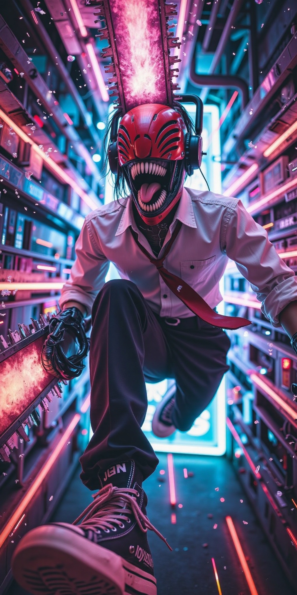 A female version of Chainsaw Man,  "Chainsaw Woman,  " in an electrifying action pose on Tensor.Art