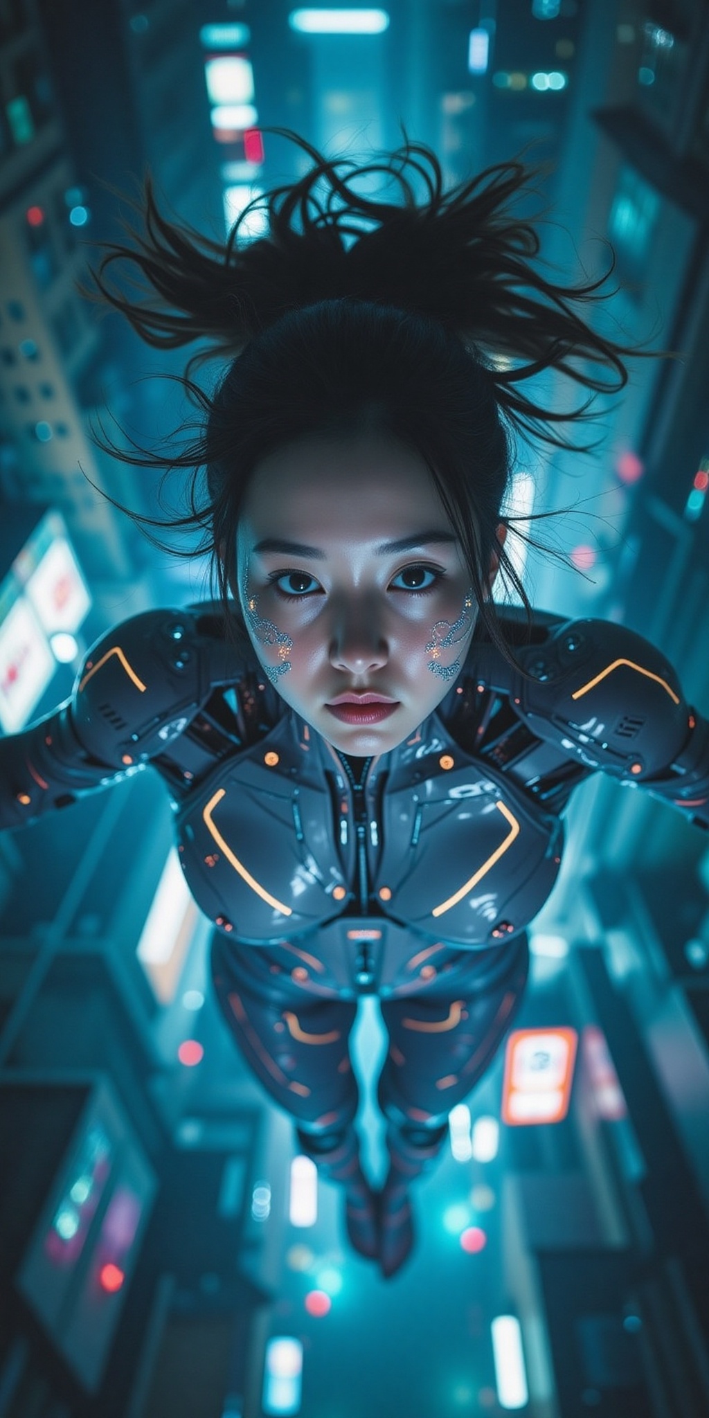 close-up face shot from directly above a floating female cyborg cosplayer,  legs down,  serene expression with softly glow...