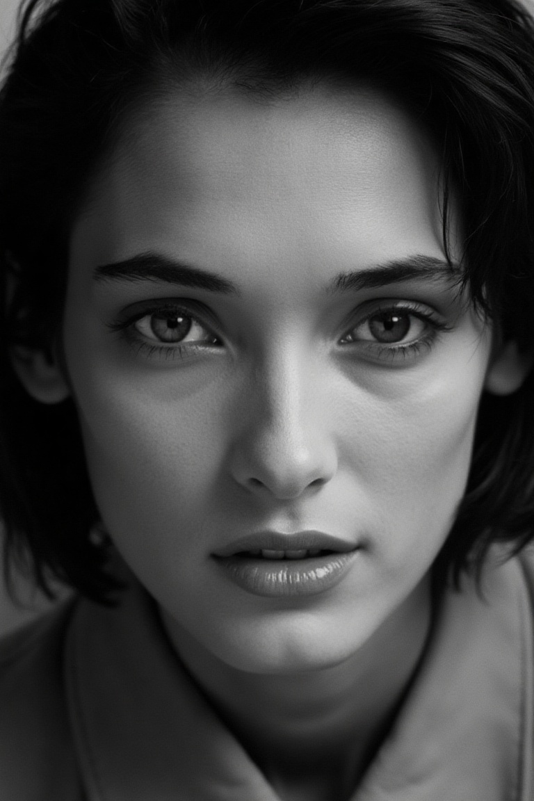 portrait inspired by Peter Lindbergh's photographic style of winonarflx,  a woman looking directly into the camera with an...