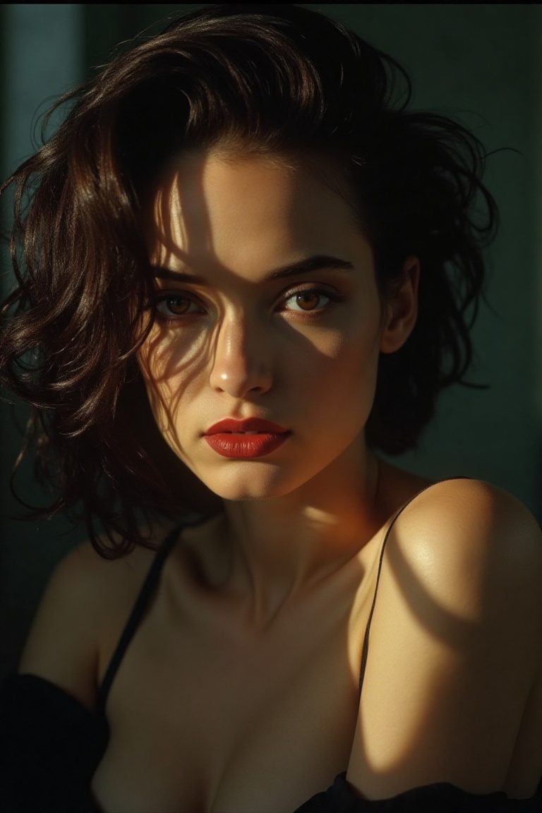 High quality realistic beauty shot of winonarflx. she is a gorgeous woman and she is posing in a studio room. It's framed...