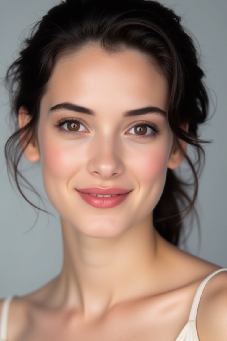 High quality realistic beauty shot of haniaaflx. A close-up shot of a dark brown eyed woman. She is wearing a camisole blo...