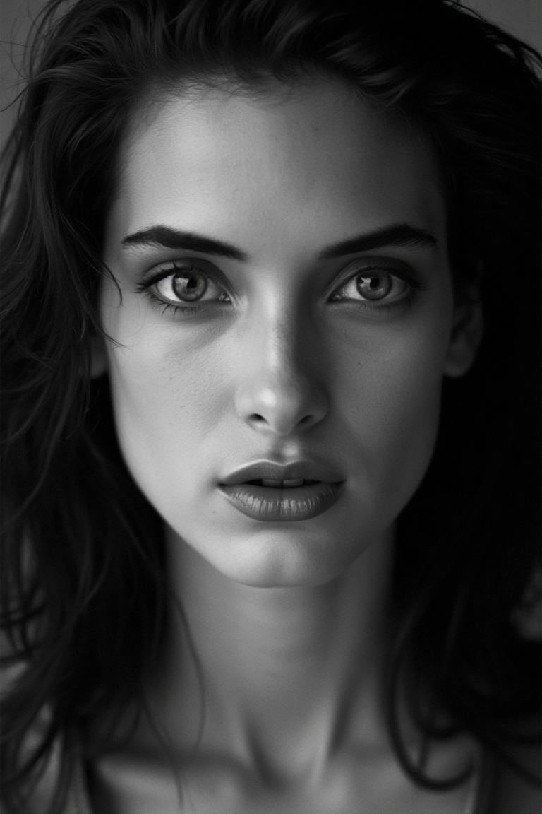 portrait inspired by Peter Lindbergh's photographic style of winonarflx,  a woman looking directly into the camera with an...