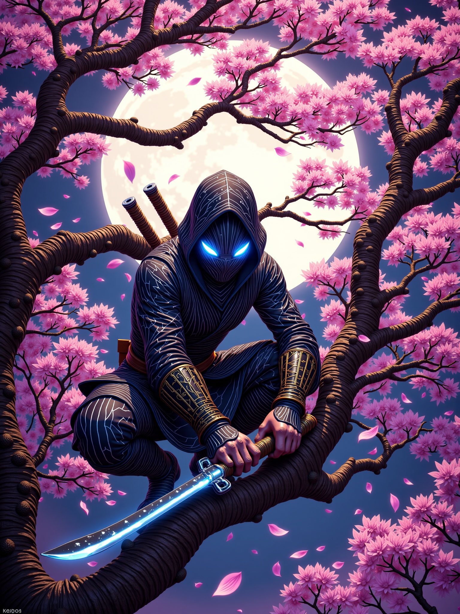 "Design a stealthy ninja crouched on a cherry blossom tree during a serene,  moonlit night. The ninja is cloaked in dark,...