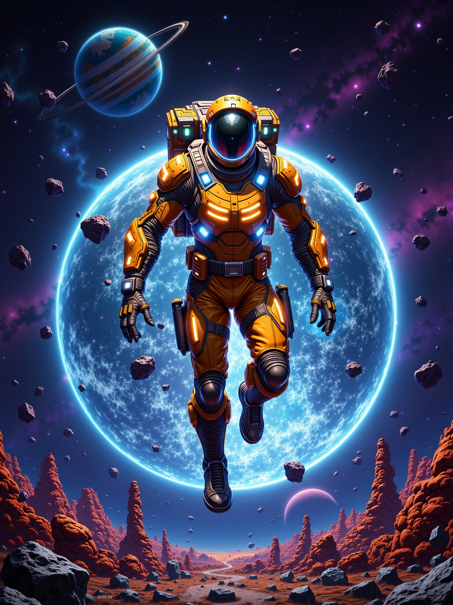 "Illustrate a brave space explorer floating in zero gravity near a glowing asteroid field. The character's futuristic suit...