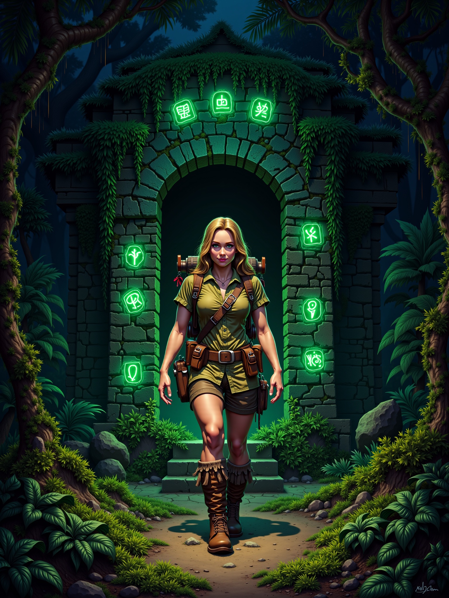 "Illustrate a brave adventurer exploring an ancient,  glowing jungle temple. The character wears rugged explorer gear with...