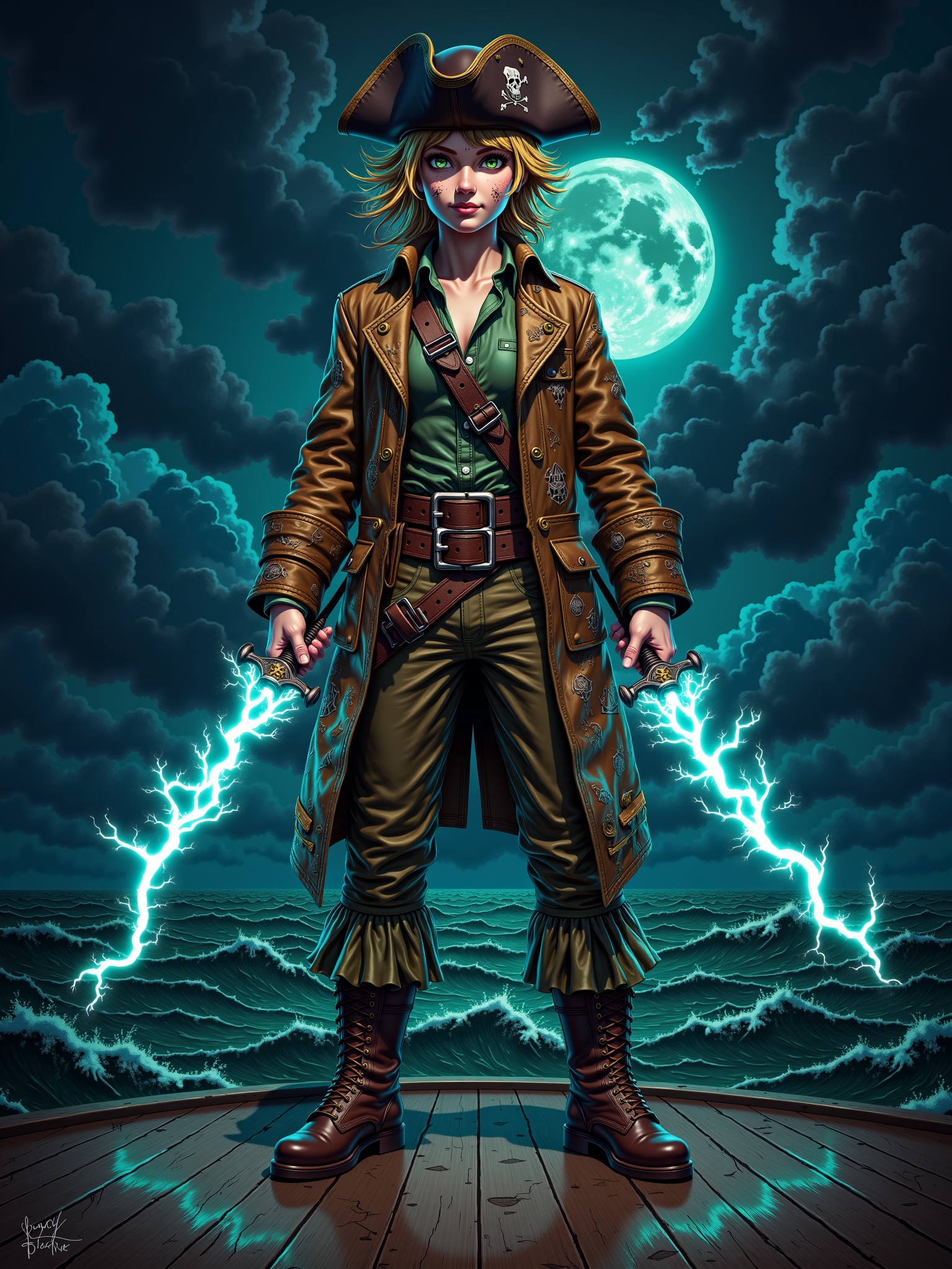 "Design a young pirate captain standing on the deck of a ghostly ship under a stormy sky. The character wears a tattered c...