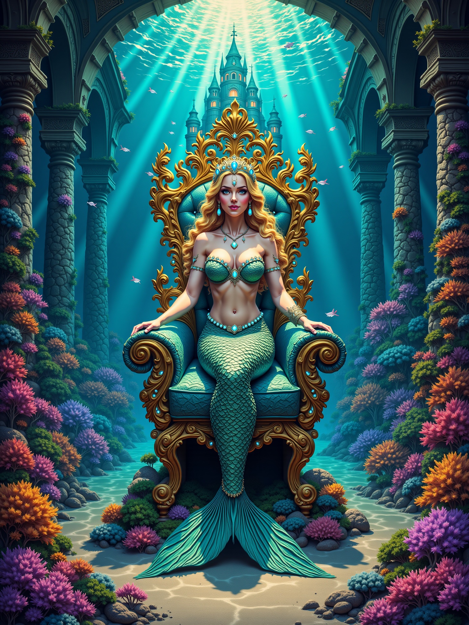 "Create an image of a mermaid queen sitting on a throne made of coral and pearls in an underwater palace. Her tail shimmer...