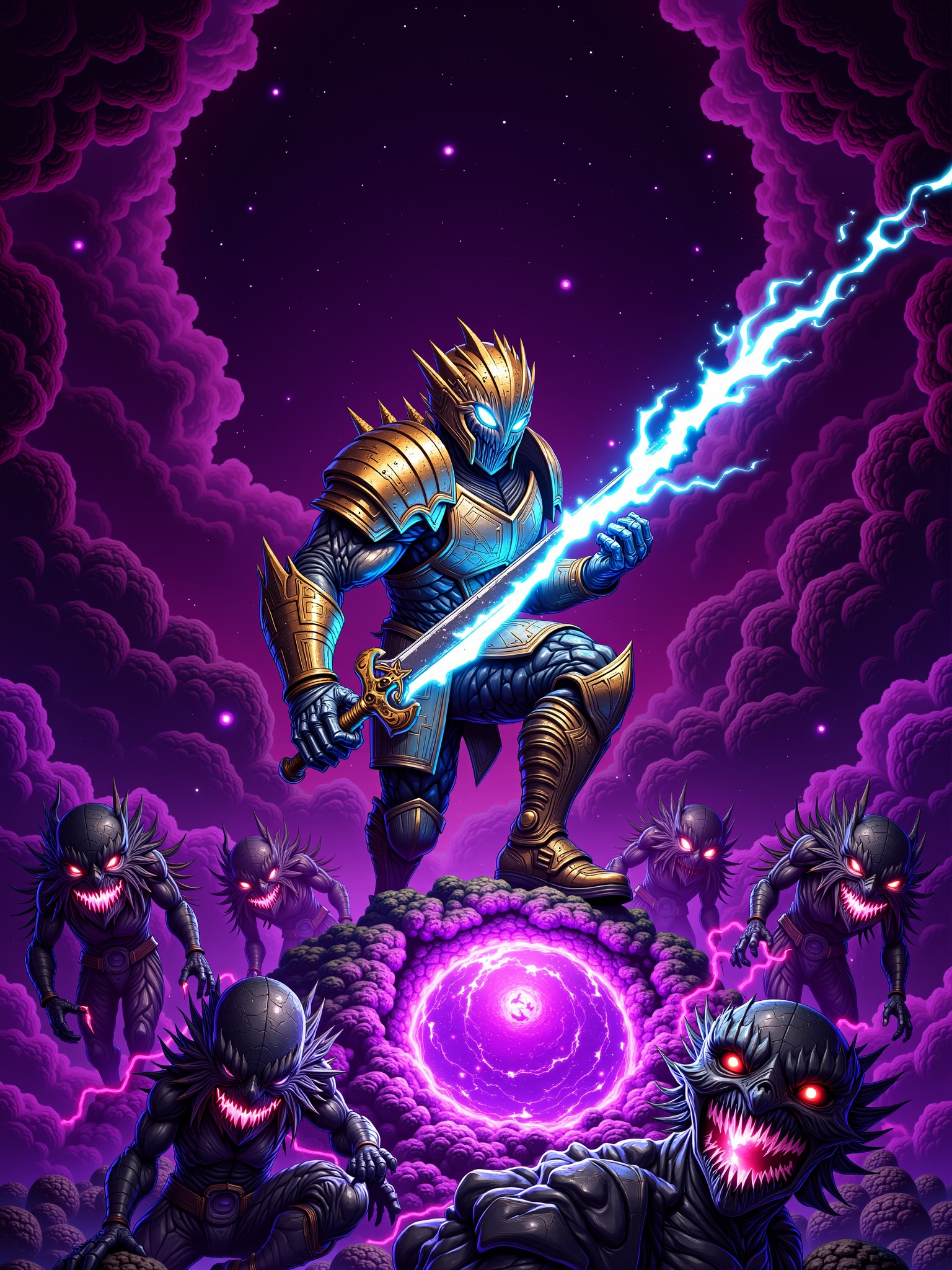 "Illustrate a cosmic warrior battling a swarm of alien creatures on the surface of a glowing purple asteroid. The warrior’...