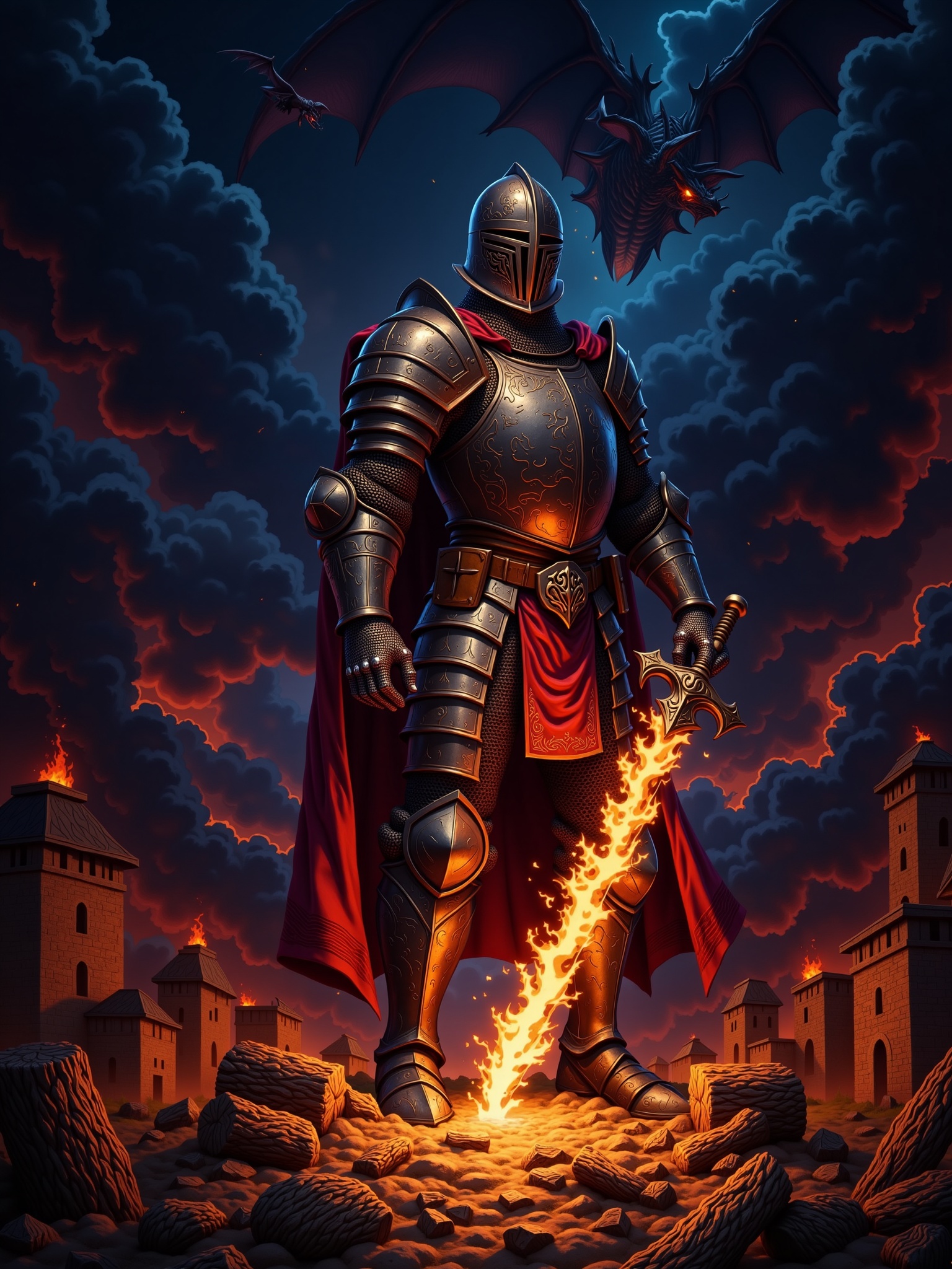 "Illustrate a heroic knight standing in a burning village at night. The knight's armor is battered and scarred but glows f...