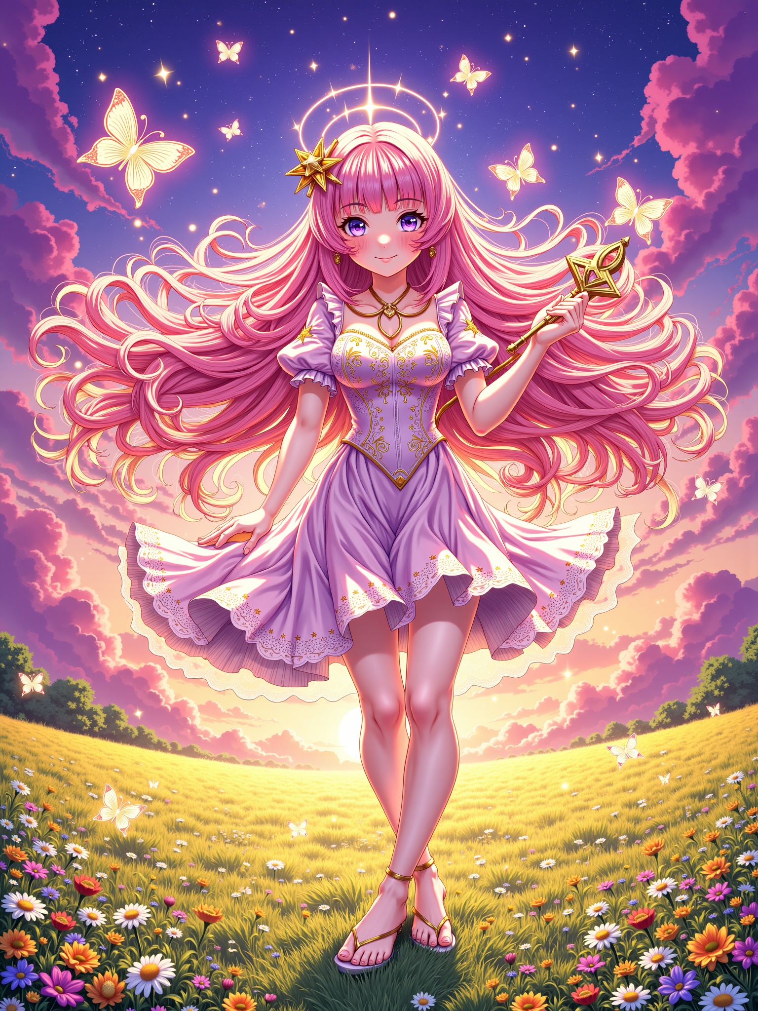 "Illustrate a magical girl with long flowing pink hair standing in the middle of a glowing meadow. Her dress is decorated...