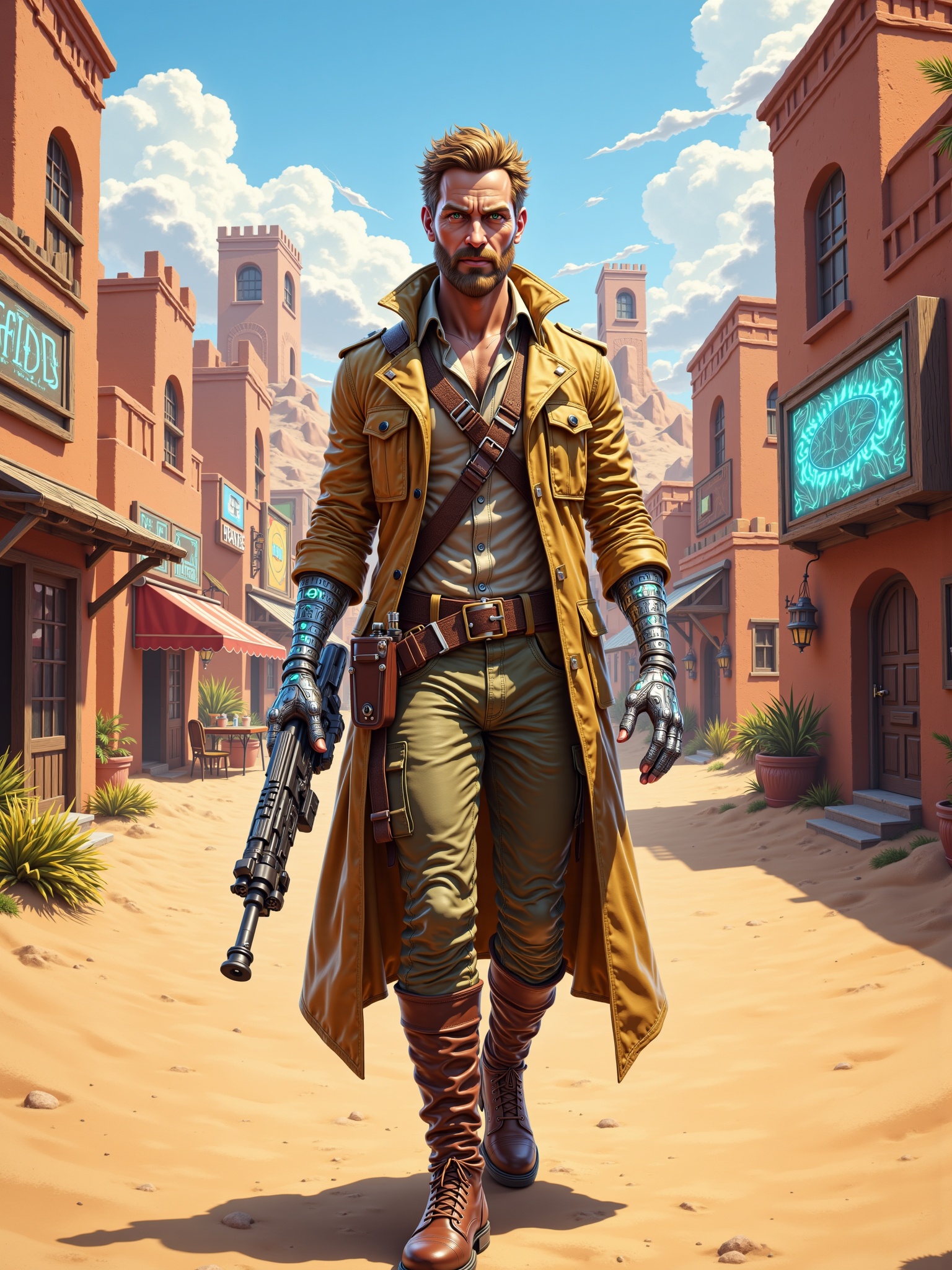 "Design a rugged bounty hunter walking through a dusty,  sunlit desert town. The character has a cybernetic left arm with...