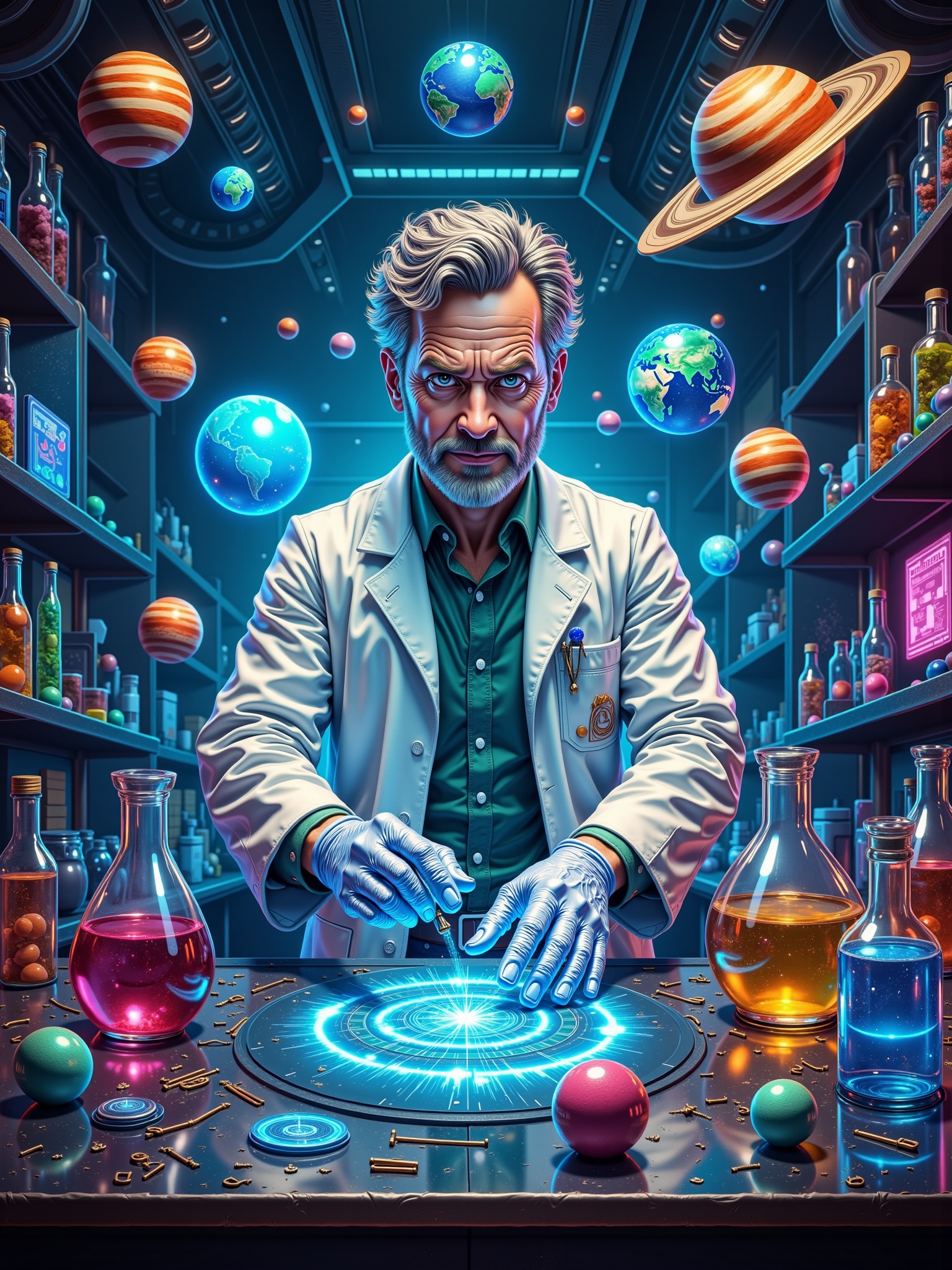 "Create an image of a scientist working in a sleek,  futuristic lab filled with glowing holograms. The scientist is a midd...