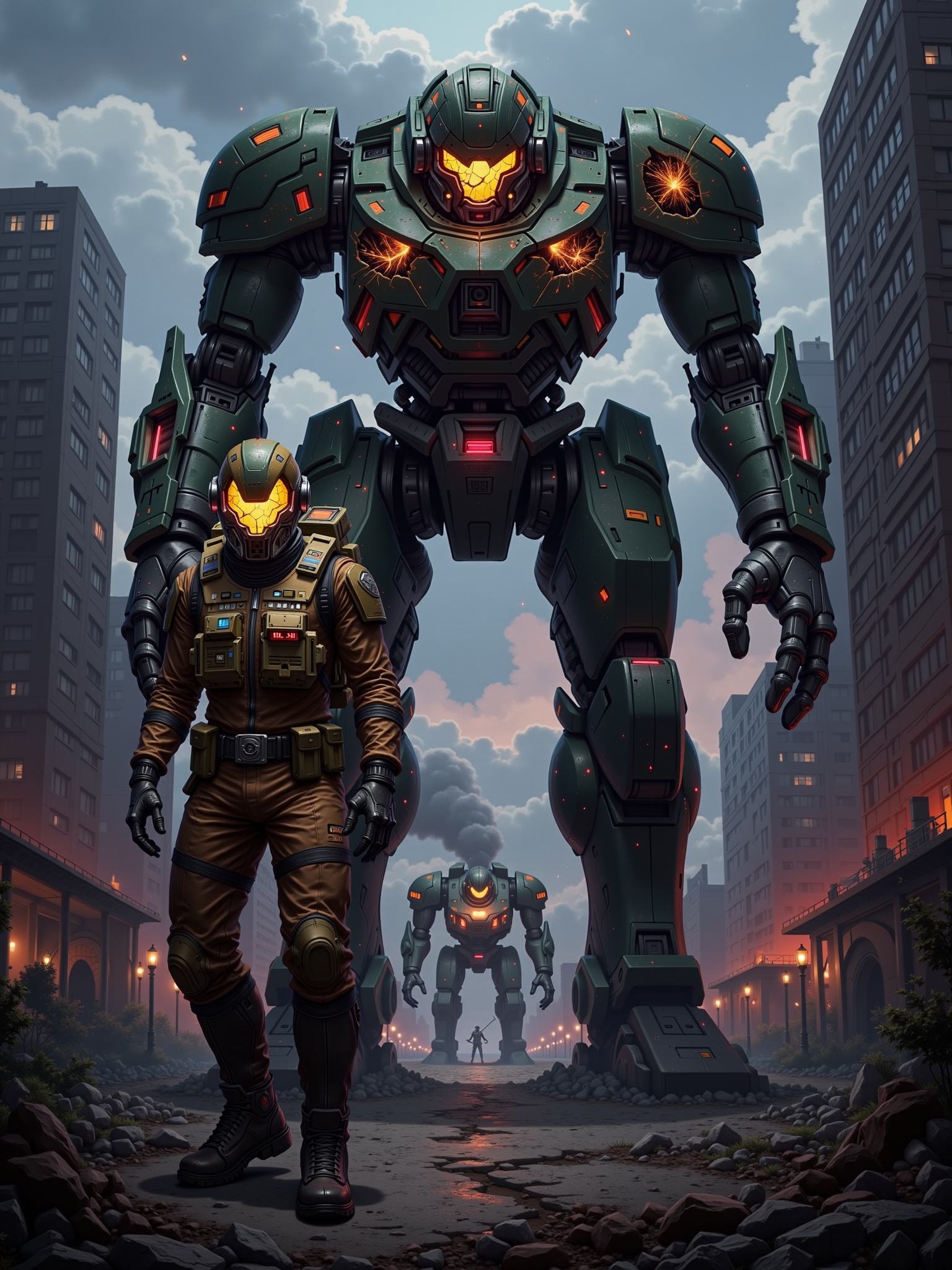 "Design a battle-hardened mech pilot standing next to their giant robotic suit in the middle of a war-torn city. The pilot...