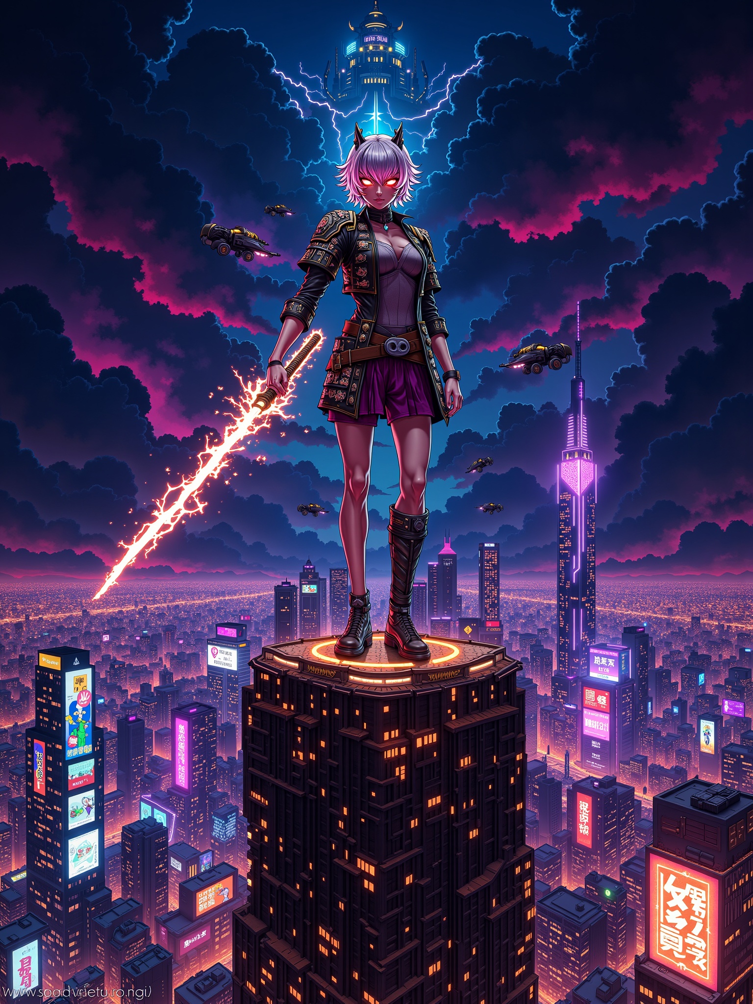 "Create an anime-style illustration of a futuristic samurai standing atop a towering cyberpunk skyscraper at night. The ch...
