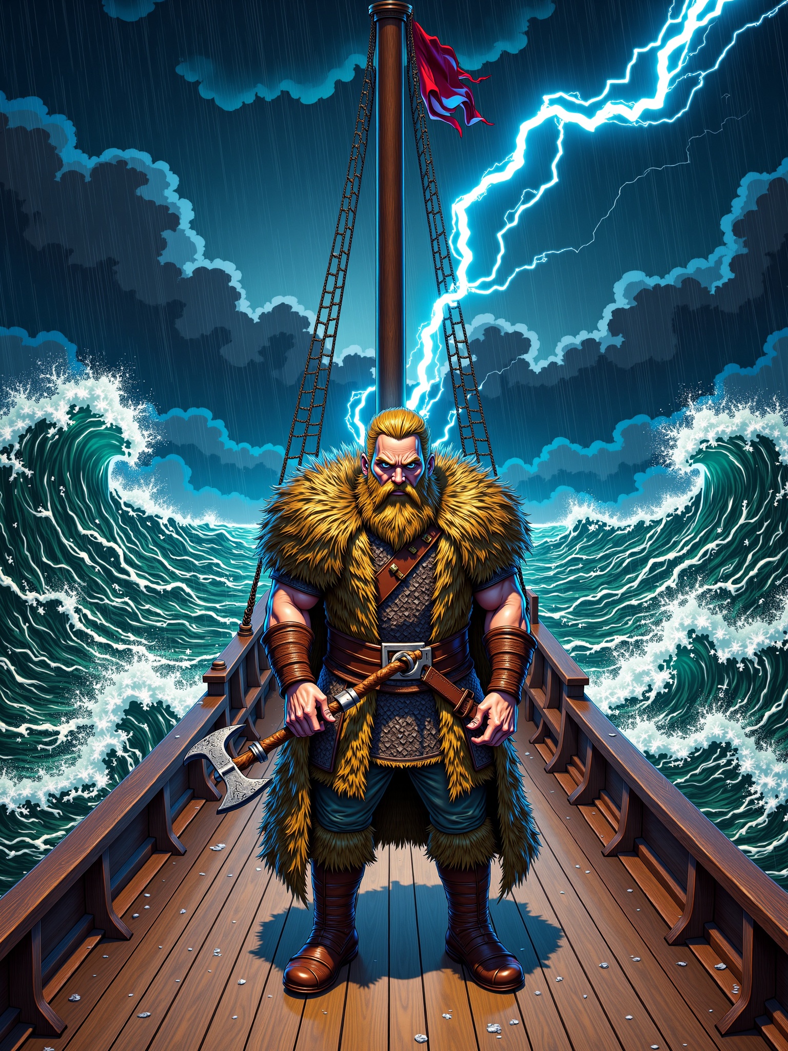 Illustrate a fierce Viking warrior standing on the deck of a wooden longship during a stormy sea voyage. The character’s f...