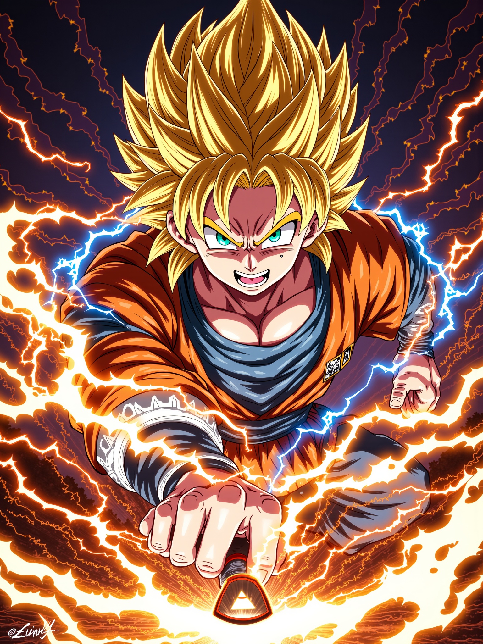 Create a dynamic anime-style illustration featuring a young warrior character with intense energy and emotion. The charact...