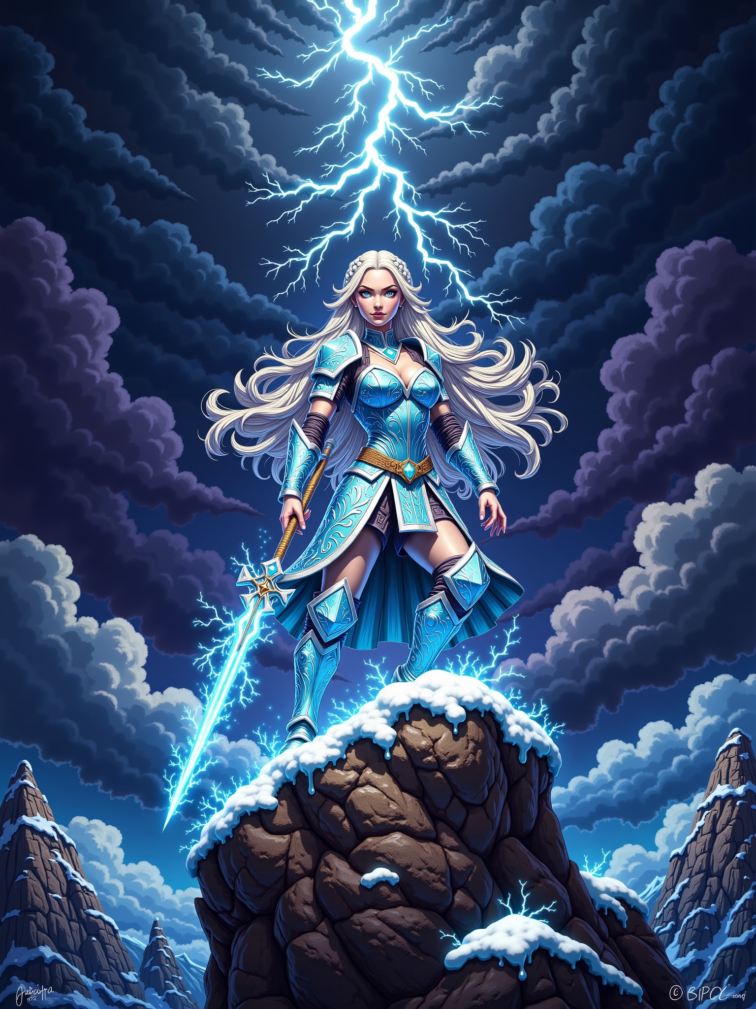 "Illustrate a fierce warrior princess standing on a jagged,  snowy mountain peak under a dark,  stormy sky. She has long b...