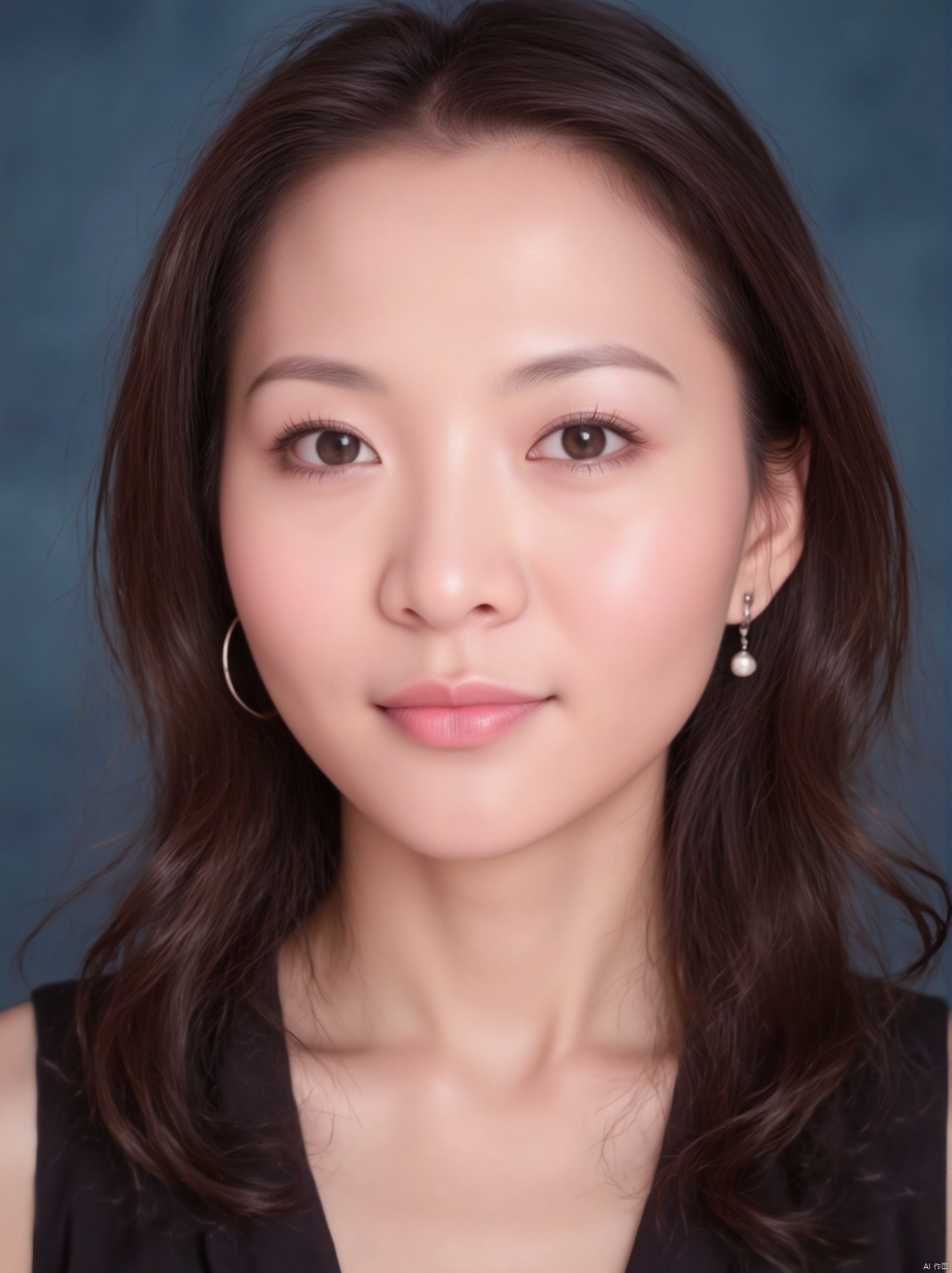 A stunning close-up portrait of a single girl, directly gazing at the viewer with a warm, subtle smile. Her rich brown locks cascade down her back, framing her heart-shaped face and striking brown eyes that seem to sparkle with secrets. A delicate pair of earrings adorns her ears, drawing attention to her plush lips, which are pressed together in a closed-mouth expression. The upper half of her body is presented, showcasing her porcelain complexion against the calming blue background. Her nose, pert and proportional, adds to the overall realism of this captivating portrait.