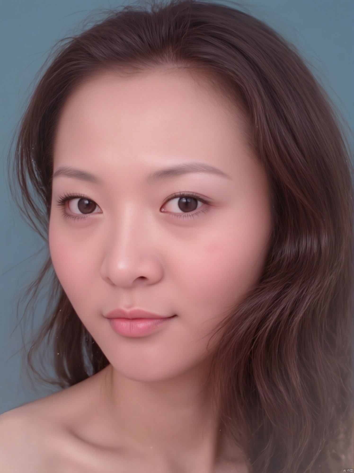 A serene young woman gazes directly into the camera lens, her bright brown eyes sparkling with a gentle smile. Her chestnut locks cascade down her back, framing her heart-shaped face. A subtle hint of jewelry adorns her ears and lips, adding a touch of elegance to the portrait. Against a soothing blue background, she exudes confidence, her closed mouth conveying a sense of quiet contemplation.