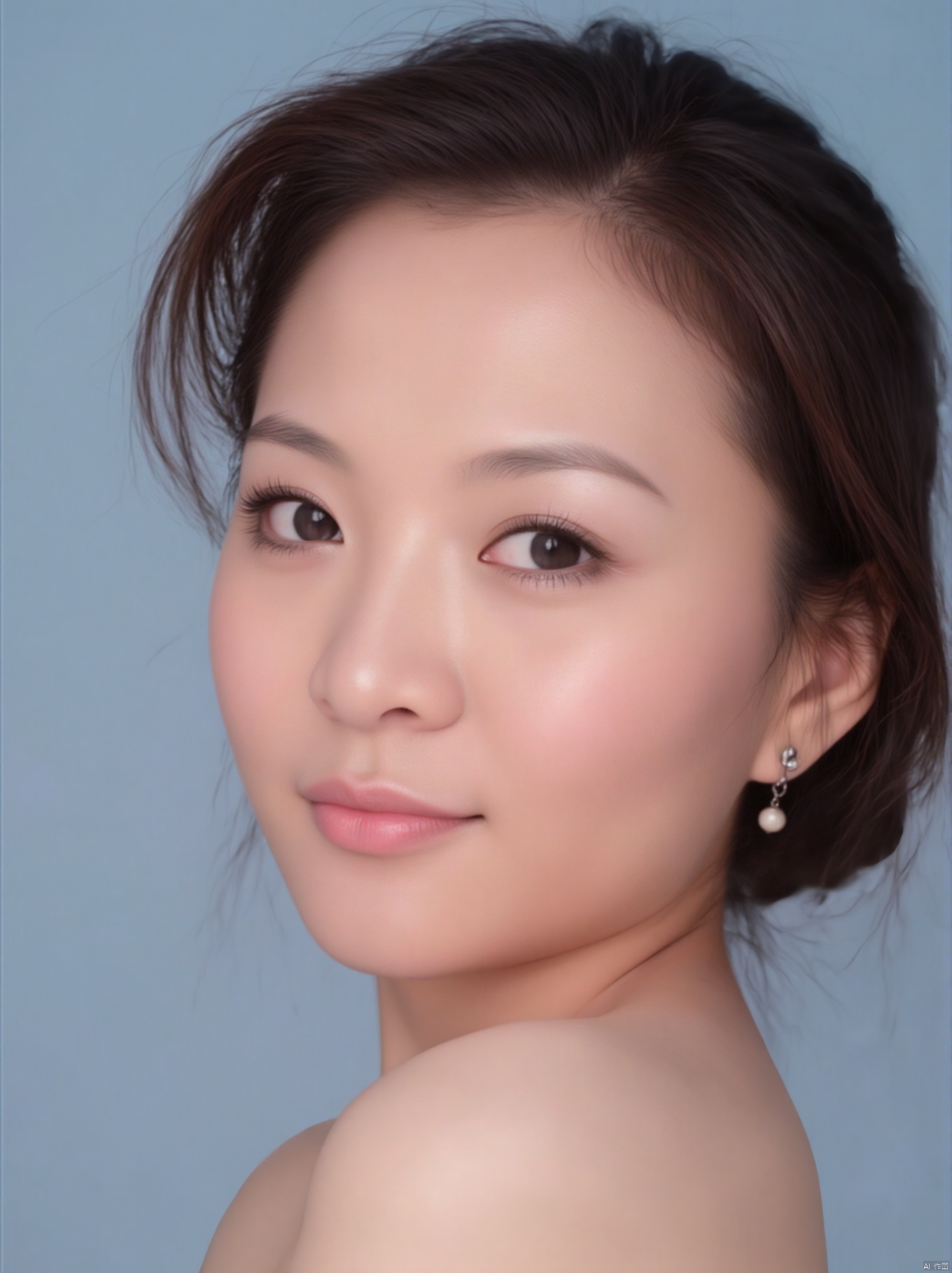 A serene young woman gazes directly into the camera lens, her bright brown eyes sparkling with a gentle smile. Her chestnut locks cascade down her back, framing her heart-shaped face. A subtle hint of jewelry adorns her ears and lips, adding a touch of elegance to the portrait. Against a soothing blue background, she exudes confidence, her closed mouth conveying a sense of quiet contemplation.