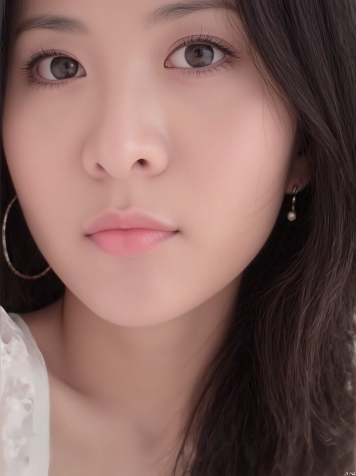 A stunning close-up portrait of a single girl, directly gazing at the viewer with a warm, subtle smile. Her rich brown locks cascade down her back, framing her heart-shaped face and striking brown eyes that seem to sparkle with secrets. A delicate pair of earrings adorns her ears, drawing attention to her plush lips, which are pressed together in a closed-mouth expression. The upper half of her body is presented, showcasing her porcelain complexion against the calming blue background. Her nose, pert and proportional, adds to the overall realism of this captivating portrait.