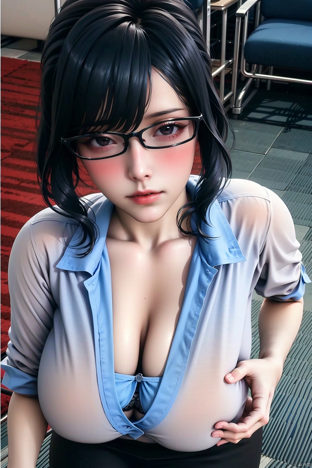 1girl
solo
breasts
blush
skirt
large breasts
shirt
black hair
hair ornament
cleavage
underwear
white shirt
glasses
hairclip
collared shirt
bra
black eyes
lips
office lady
grabbing own breast
blue bra