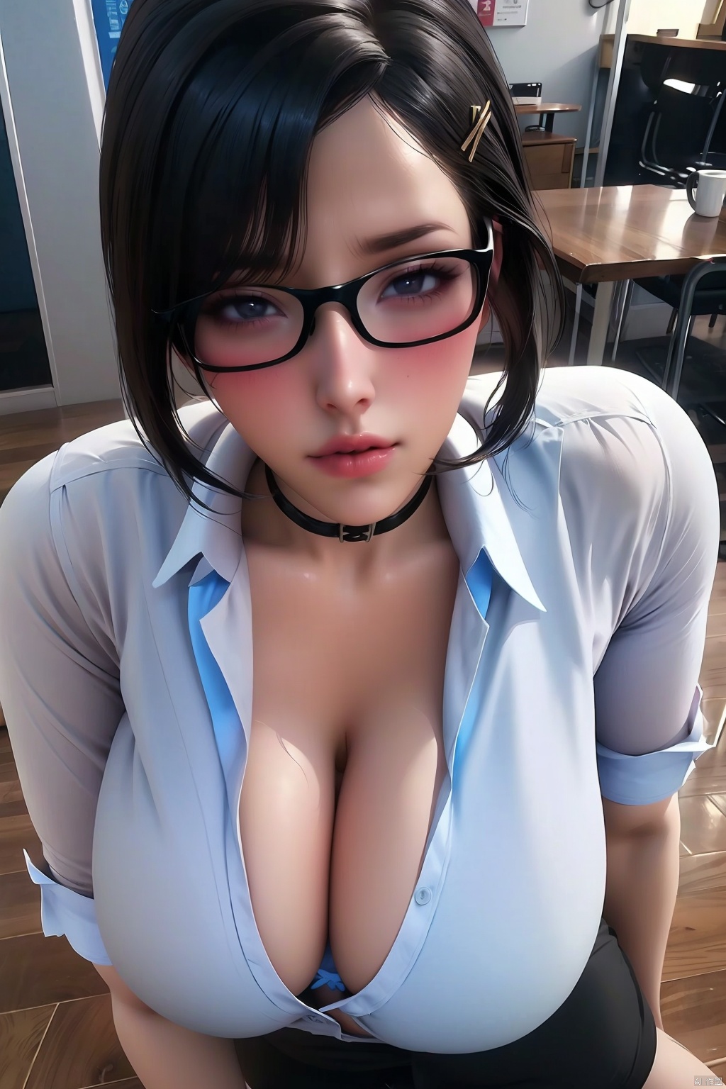 1girl
solo
breasts
blush
skirt
large breasts
shirt
black hair
hair ornament
cleavage
underwear
white shirt
glasses
hairclip
collared shirt
bra
black eyes
lips
office lady
grabbing own breast
blue bra
