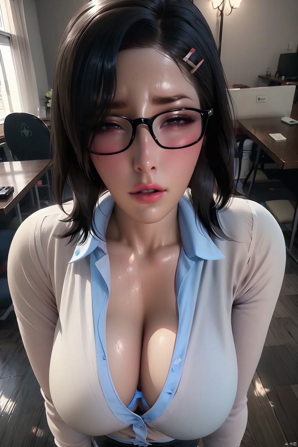 1girl
solo
breasts
blush
skirt
large breasts
shirt
black hair
hair ornament
cleavage
underwear
white shirt
glasses
hairclip
collared shirt
bra
black eyes
lips
office lady
grabbing own breast
blue bra