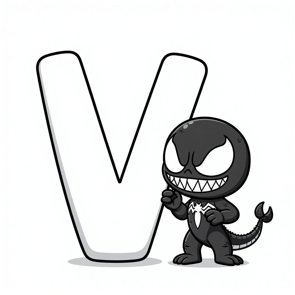 next_to_alphabet,  Back and white digital drawing of a cute,  cartoon Venom standing next to a large letter "V" on Tensor.Art
