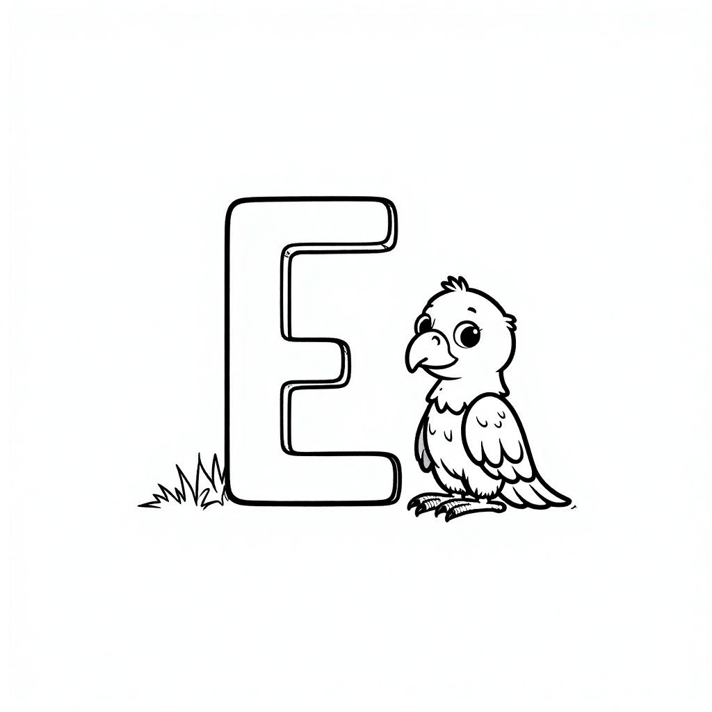 next_to_alphabet,  Back and white digital drawing of a cute,  cartoon Eagle standing next to a large letter "E" on Tensor.Art