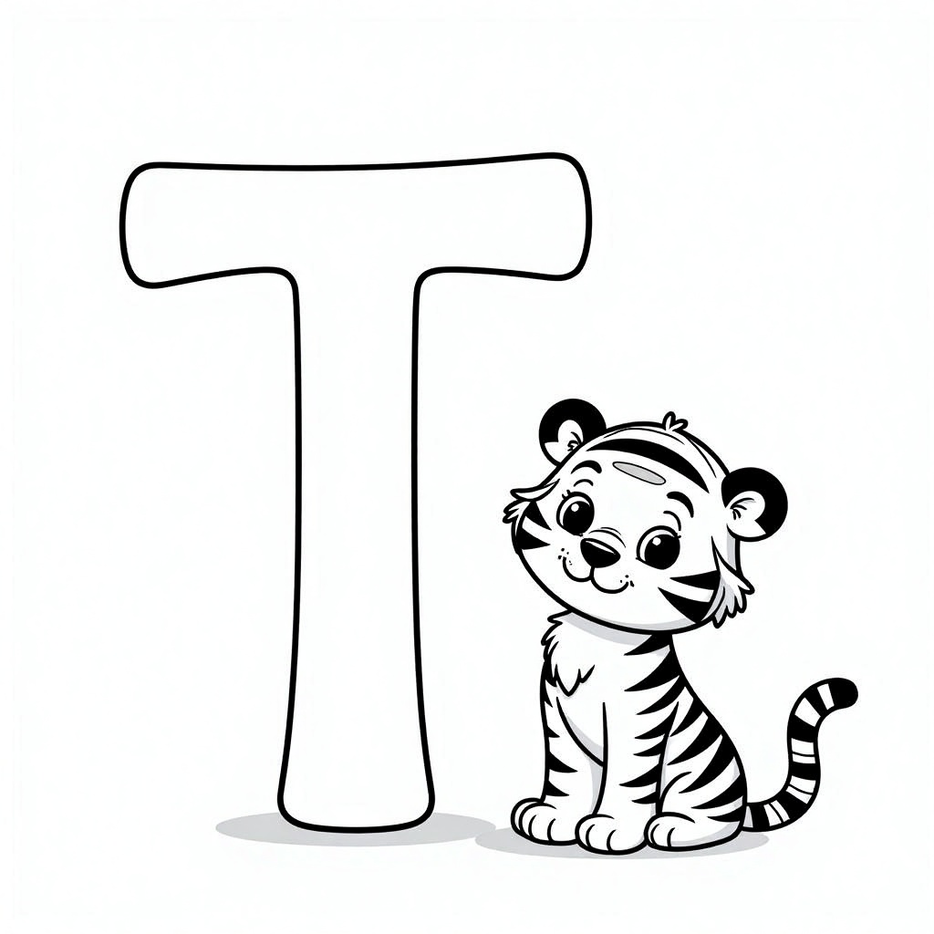 next_to_alphabet,  Back and white digital drawing of a cute,  cartoon Tiger standing next to a large letter "T" on Tensor.Art