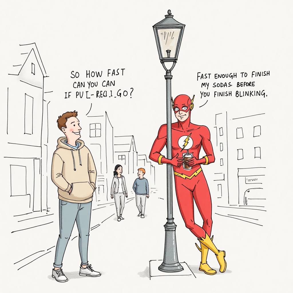 funny_illustration,  This is a colored line drawing set on a busy city street. The Flash,  in his iconic red suit with lig...