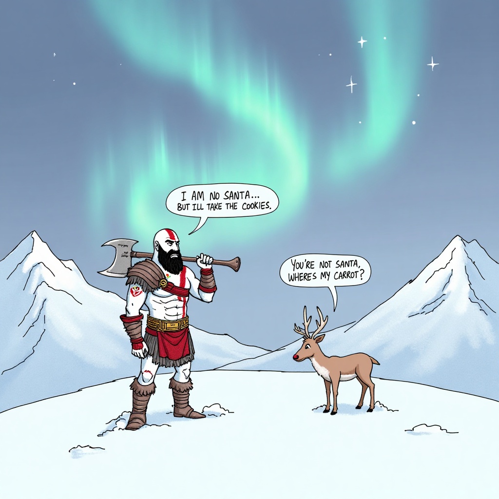 This is a colored line drawing set on a snow-covered mountaintop,  with the northern lights glowing faintly in the backgro...