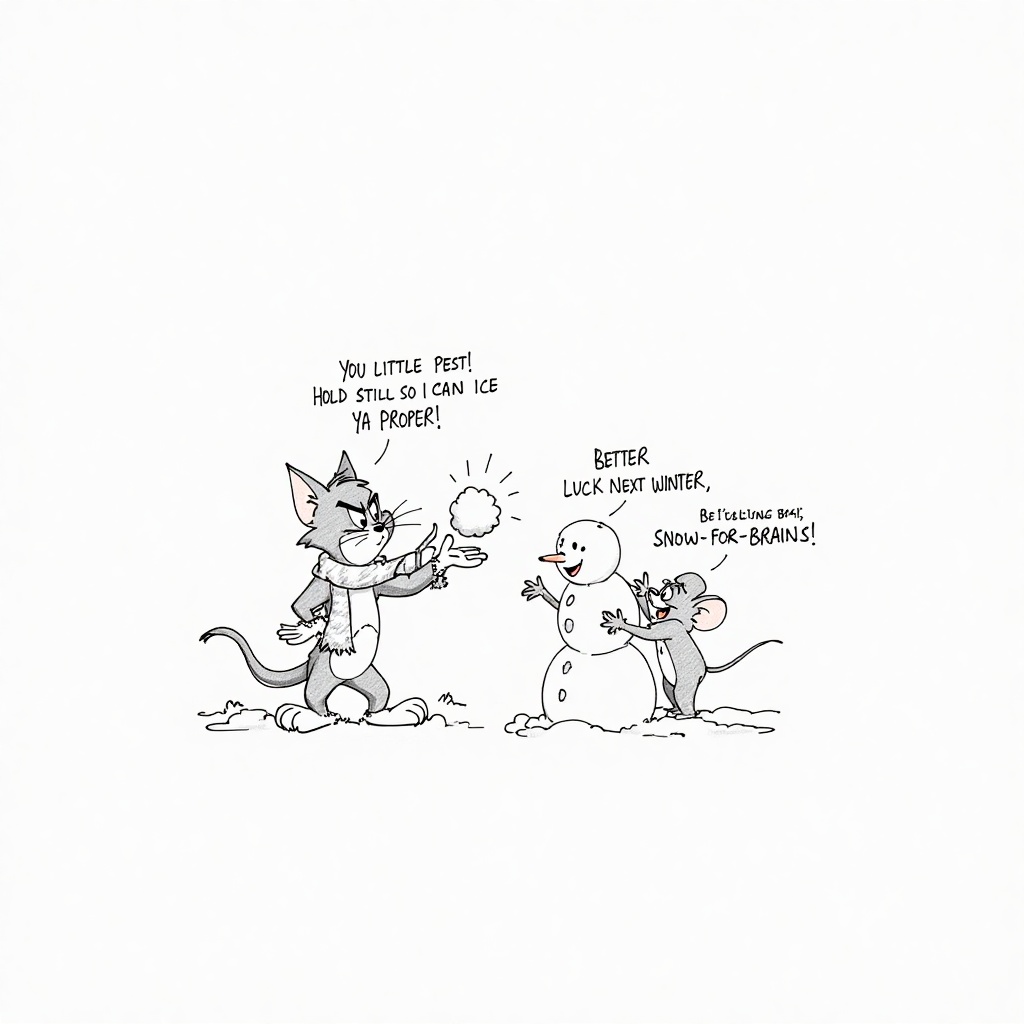 funny_illustration,  This is a black-and-white line drawing set in a snowy yard. Tom the cat from tom and jerry,  wearing...