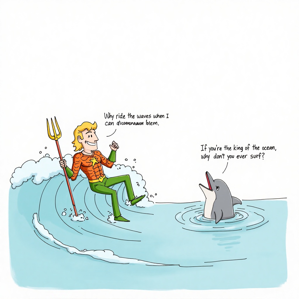 funny_illustration,  This is a colored line drawing set in the middle of the ocean. Aquaman,  holding his trident on Tenso...