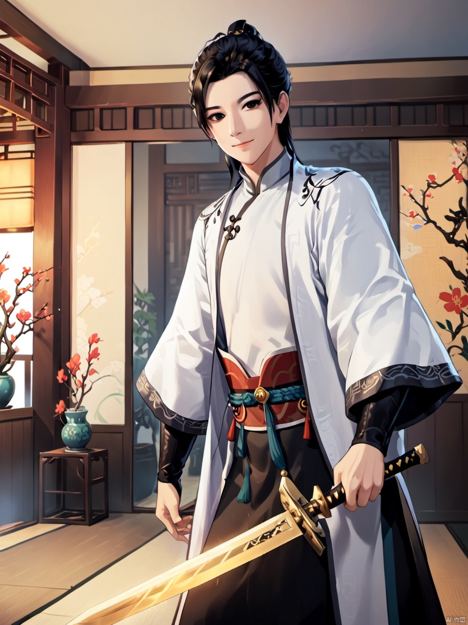1boy,black hair,black eyes,chinese clothes,indoor,smlie,sword