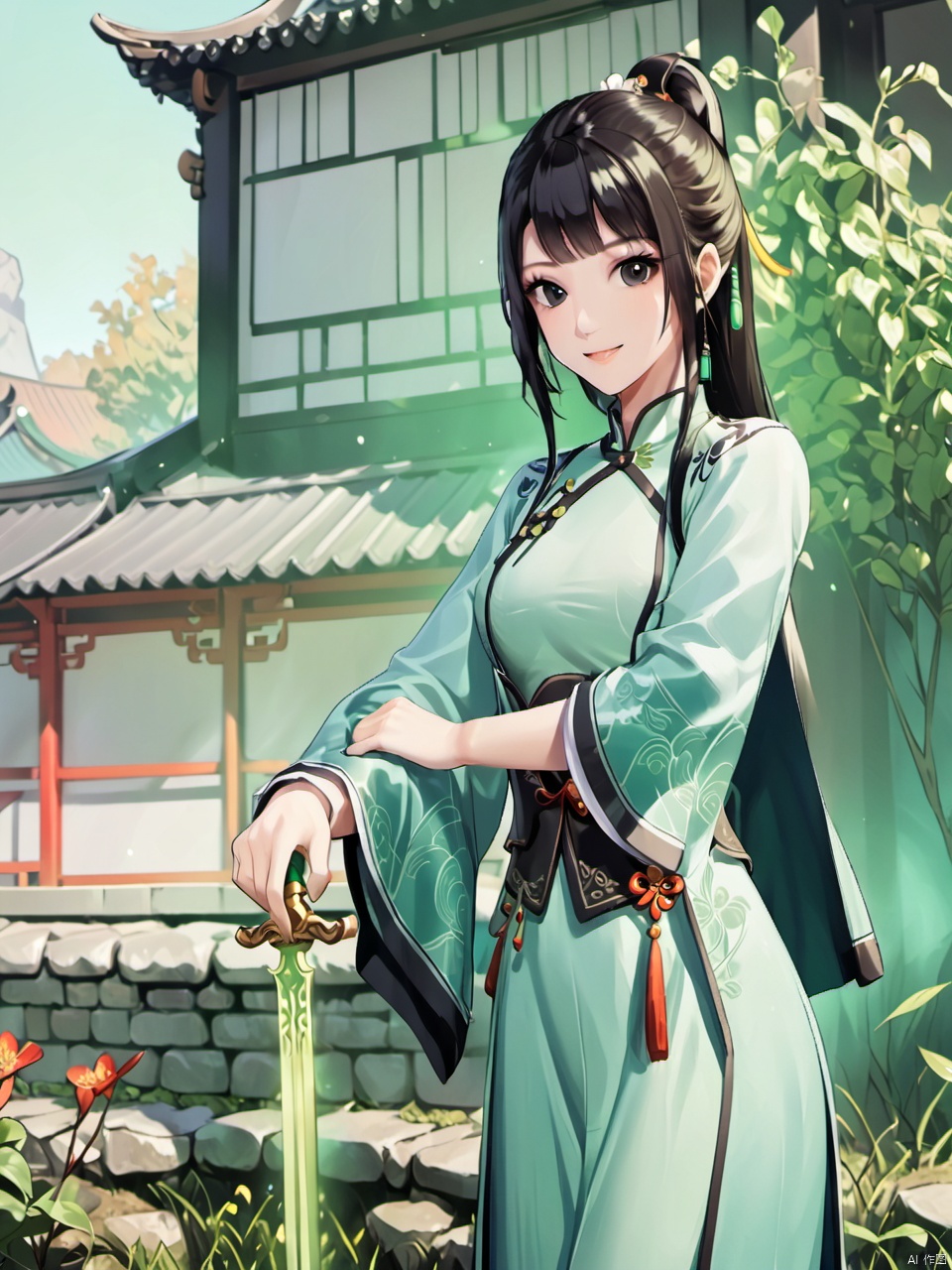1girl,black hair,black eyes,chinese clothes,outdoor,smlie,With a green sword in his hand