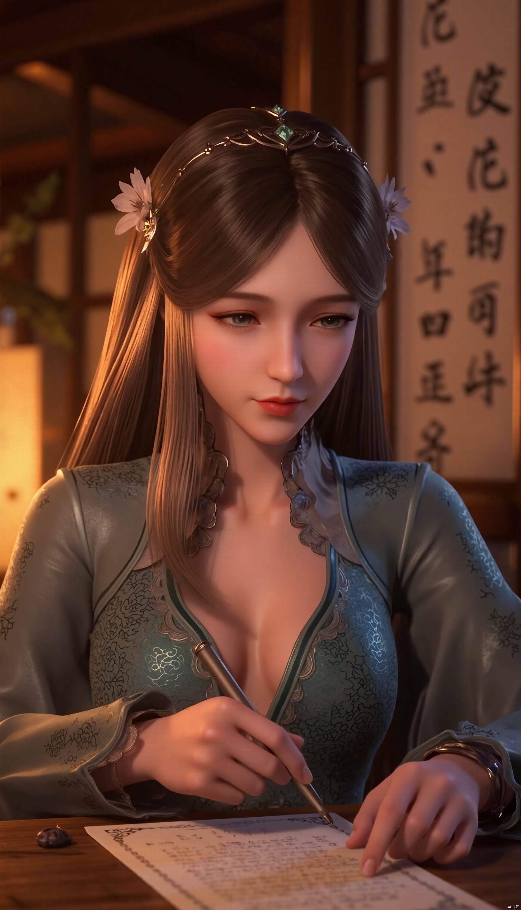 A Chinese beauty is wearing a black embroidered robe, sitting at the table and writing on paper, with flowers on her head and sexy breasts. There are some Chinese characters on the wall indoors. A lamp in front of her illuminates her face at night.lantern