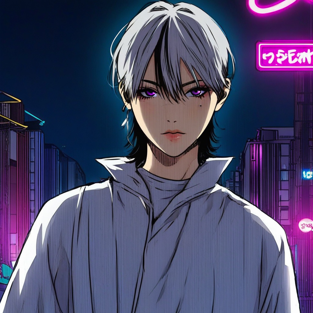 A manhwa-style illustration of Takeda Kaneshiro standing on a bustling Tokyo street,  1 girl beside him. The scene is vibr...