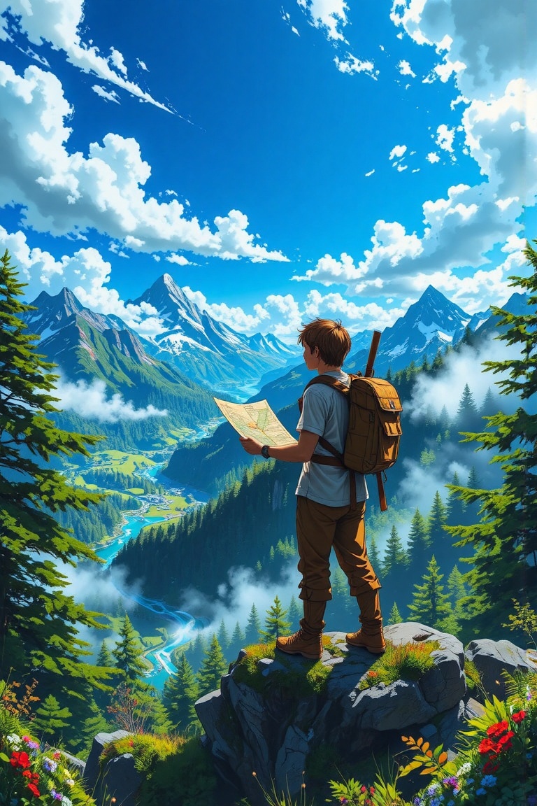 A Ghibli-inspired cartoon scene of a young man with short brown hair,  dressed in a white t-shirt,  brown pants on Tensor.Art