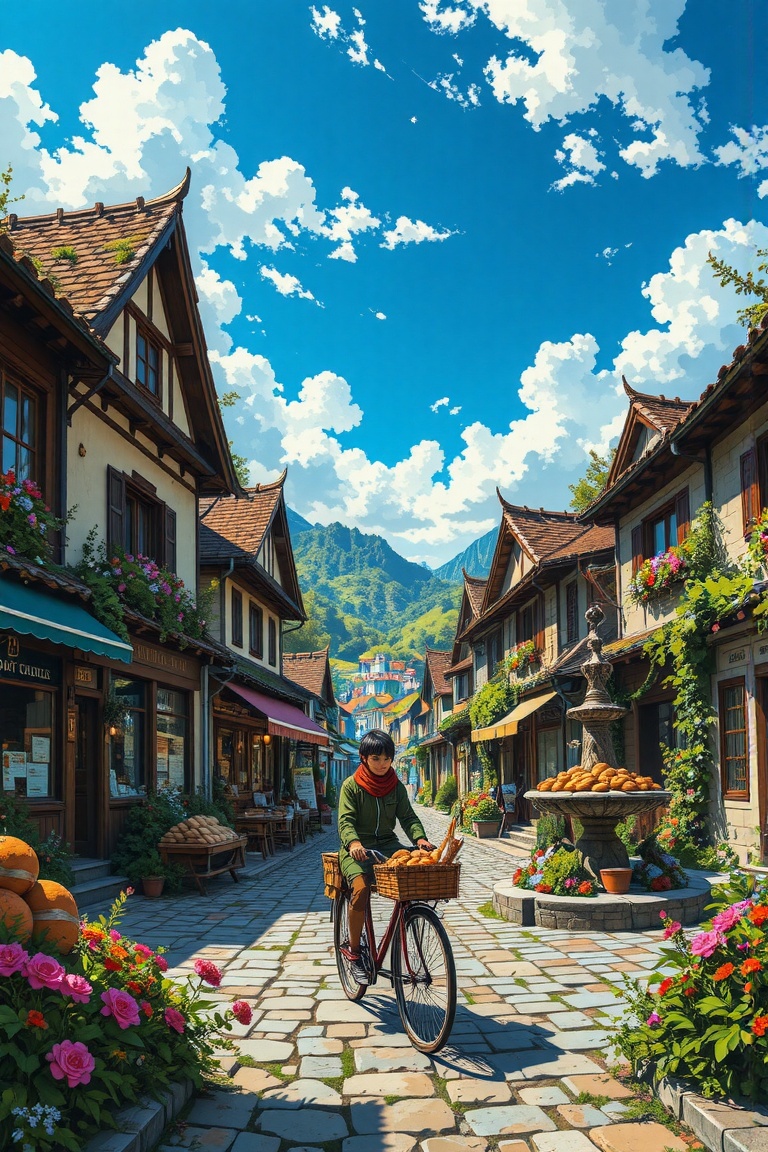 Ghibli-style art of a bustling village square on a sunny afternoon. A boy in a red scarf and green jacket rides a vintage...