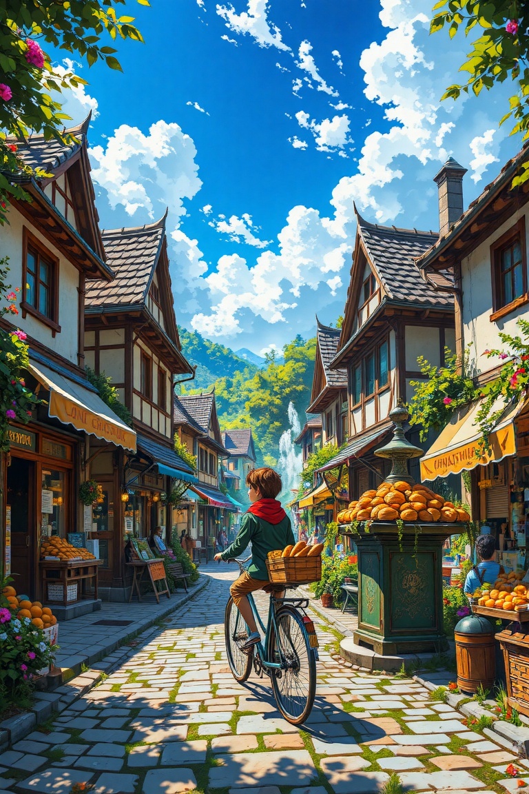 Ghibli-style art of a bustling village square on a sunny afternoon. A boy in a red scarf and green jacket rides a vintage...