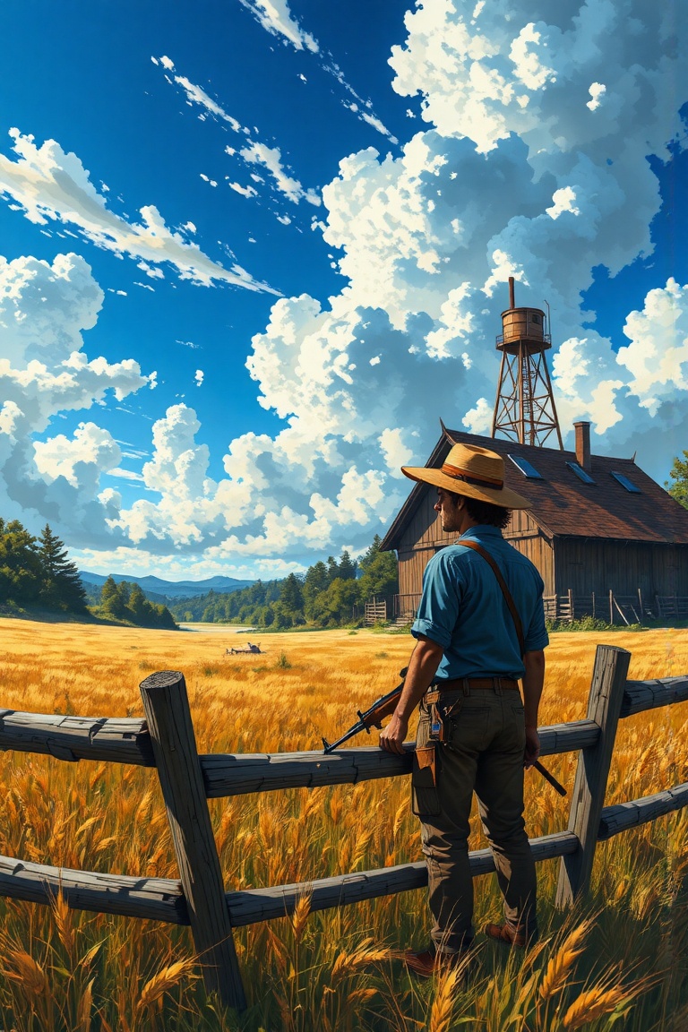 Ghibli-style art,  eye-level view of a man in a blue shirt and straw hat,  standing in a wheat field. He holds a rifle in...