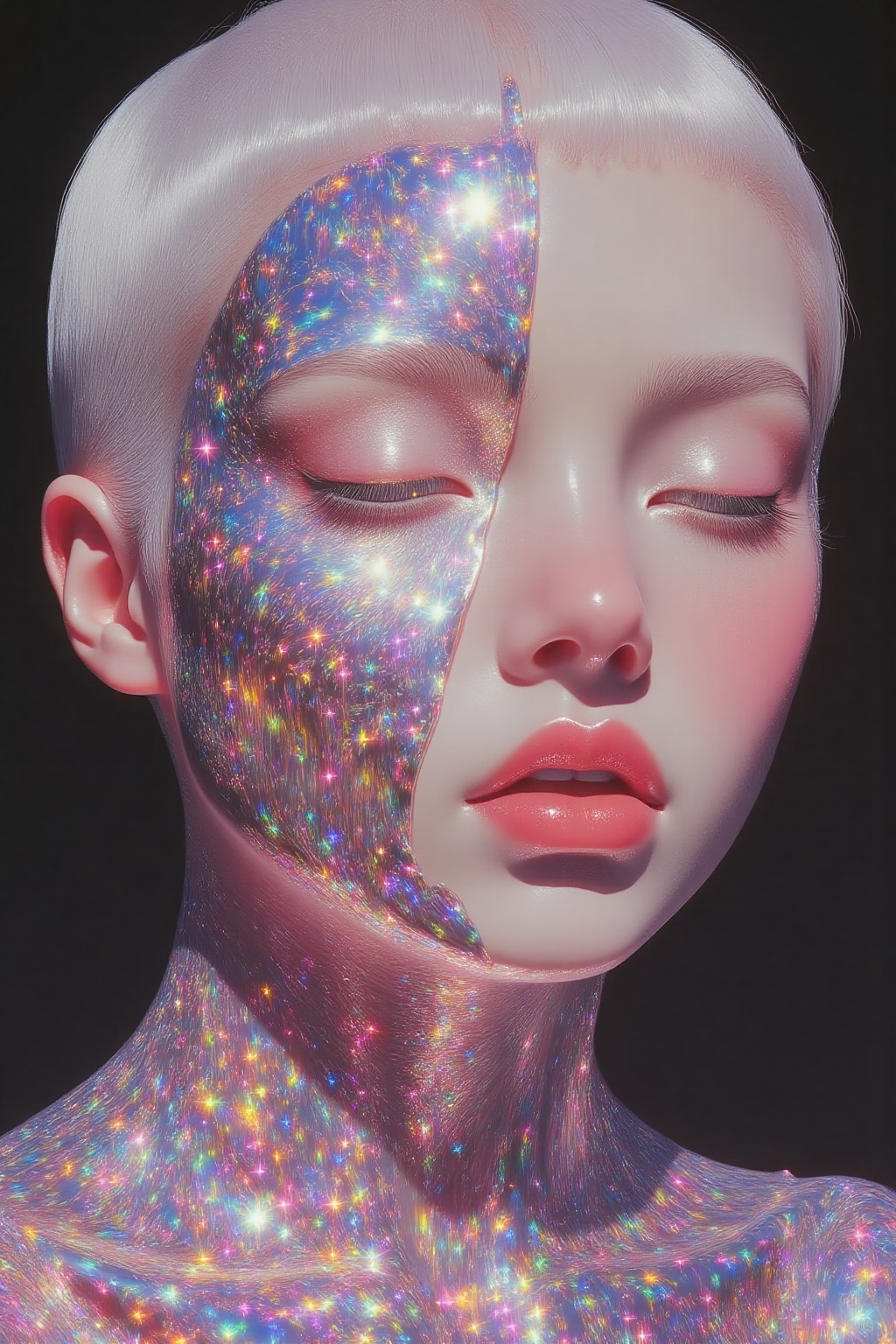 A hyper-realistic,  face close-up portrait of a woman with striking,  very short white hair on Tensor.Art
