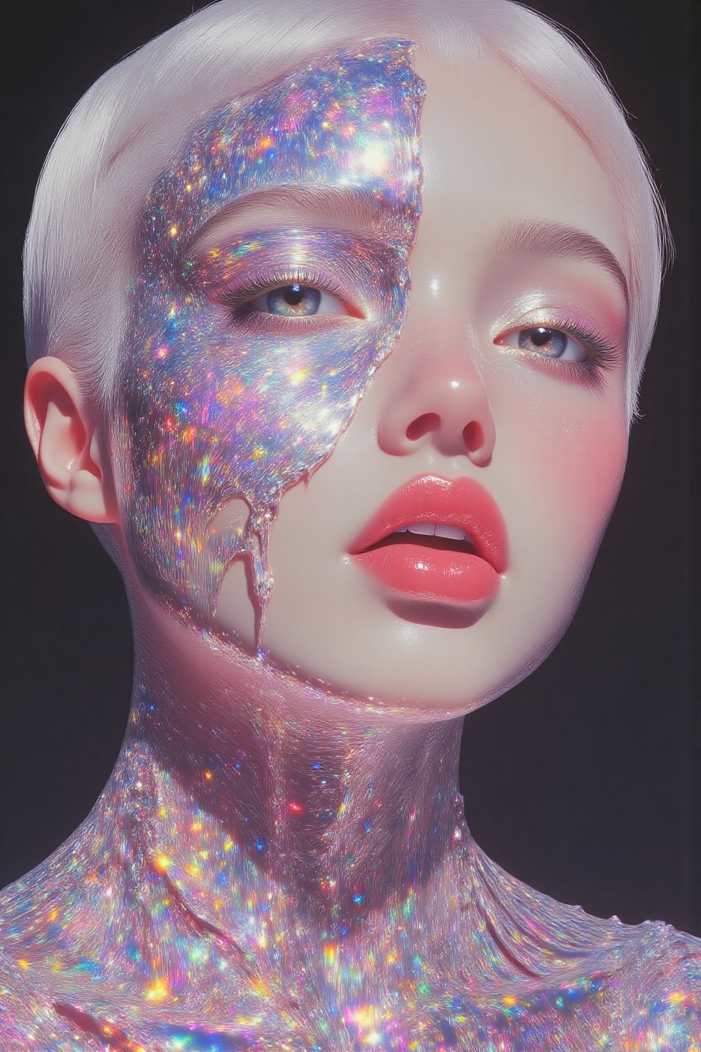 A hyper-realistic,  face close-up portrait of a woman with striking,  very short white hair on Tensor.Art