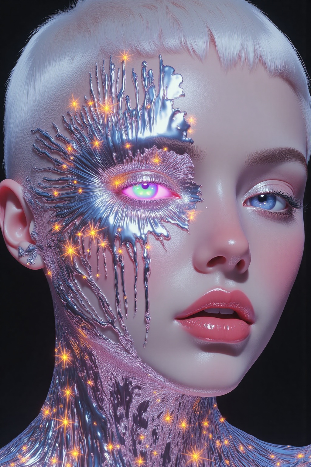 aidmaMJ6.1 A hyper-realistic,  face close-up portrait of a woman with striking,  very short white hair on Tensor.Art