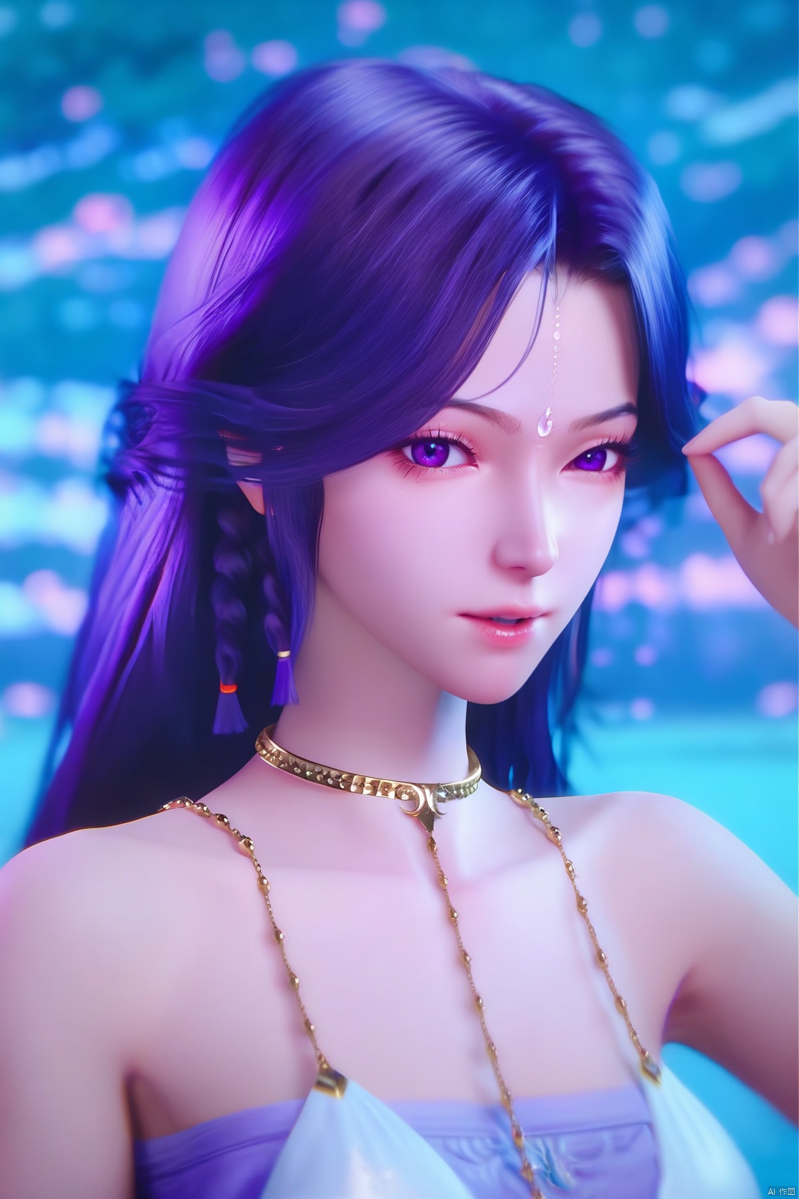 score_9_up,score_8_up,score_7_up,(Masterpiece, Best Quality, Photorealistic, High Resolution, 8K Raw), 
1girl, solo, long hair, looking at viewer, dress, bare shoulders, jewelry, blue hair, purple eyes, upper body, purple hair, braid, multicolored hair, parted lips, necklace, white dress, two-tone hair, blurry background, watermark, forehead jewel