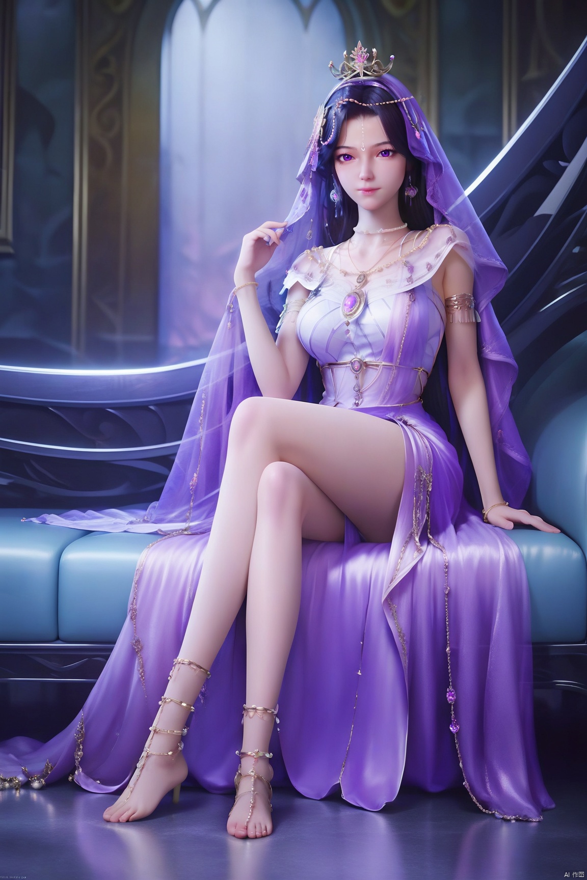 score_9_up,score_8_up,score_7_up,(Masterpiece, Best Quality, Photorealistic, High Resolution, 8K Raw), 
1girl, solo, long hair, breasts, looking at viewer, skirt, black hair, hair ornament, dress, jewelry, sitting, purple eyes, full body, barefoot, necklace, feet, legs, bare legs, toes, crossed legs, instrument, veil, purple dress, anklet