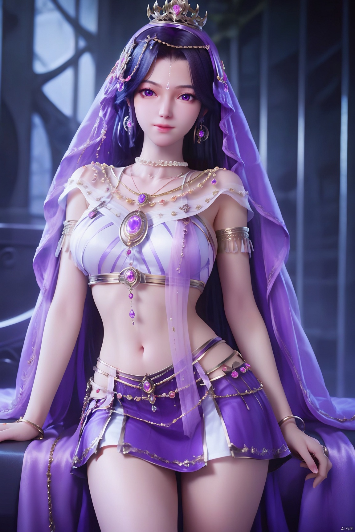 score_9_up,score_8_up,score_7_up,(Masterpiece, Best Quality, Photorealistic, High Resolution, 8K Raw), 
1girl, solo, long hair, breasts, looking at viewer, skirt, black hair, navel, jewelry, medium breasts, purple eyes, purple hair, cowboy shot, earrings, midriff, necklace, bracelet, lips, ring, veil, armlet